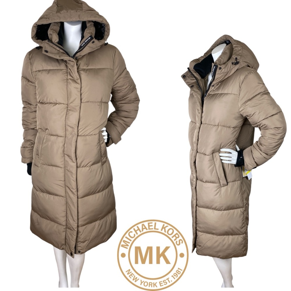 MICHAEL Michael Kors Taupe Hooded Puffer Coat sporty thumbhole cuffs Size Medium